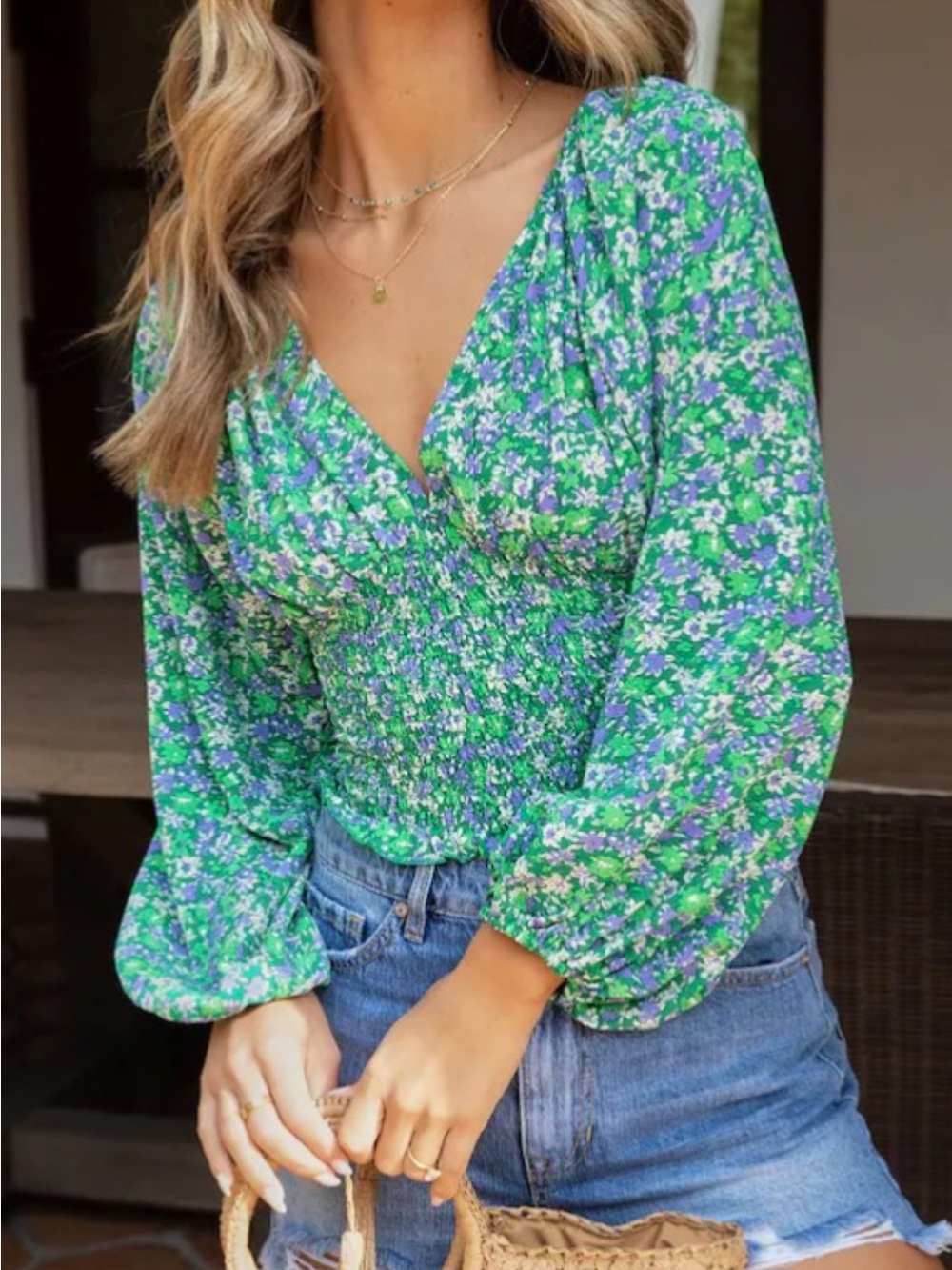 Smocked V-Neck Floral Peasant Blouse in Green